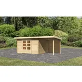 Karibu Houten blokkenhuis Bastrup 7, in natuurlijke staat, geleverd als set met aanbouwdak, 2 meter breed, 28 mm dikke achterwand