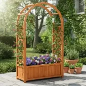 Merkloos Verhoogd tuinhuis met houten pergola en plantenbakken