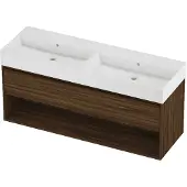 Proline Zara Badmeubel 140x46cm - 1 Lade Met Schap - Greeploos - Wastafel Dubbel Glans Wit - Zonder Kraangat - Cabana Oak - Badkamermeubels, Badmeubel