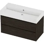 Proline Zara Badmeubel In Kader 100x46cm - 2 Laden Symmetrisch - Greeploos - Wastafel Midden Glans Wit - Zonder Kraangat - Mokka Oak