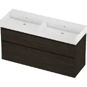 Proline Zara Badmeubel In Kader 140x46cm - 2 Laden Asymmetrisch - Greeploos - Wastafel Dubbel Glans Wit - Zonder Kraangat - Mokka Oak