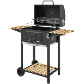 Outsunny roestvrijstalen houtskoolgrill, mobiele grillwagen met deksel en thermometer