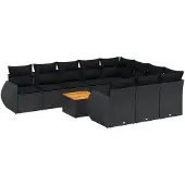 vidaXL 11-delige tuinmeubelset met kussens, zwart, polyrotan
