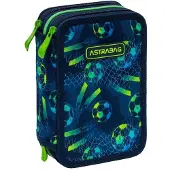 Astrabag Drievoudig etui met drie compartimenten en schoolspullen, met een voetbalmotief