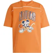 Adidas unisex kinder T-shirt met Disney Mickey Mouse print, in de kleuren puur oranje/donkerblauw/lichtbeige, maat 5-6