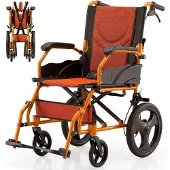 Mobiclinic Rolstoel, opvouwbaar, met twee remsystemen, zitbreedte 46 cm, inklapbare rugleuning, aluminium. Oranje inklapbare rolstoel, merk Pirámide, model