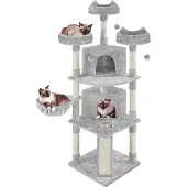 Yaheetech 193 cm Kraboom, grote kattenboom met 7 krabpalen, lichtgrijs