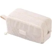 Merkloos Pennenzak ribfluweel, 3 vakken, handvat, beige, voor school