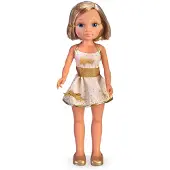 Nancy , exclusieve gouden pop, kort blond haar, glanzende ogen, witte jurk