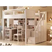 AEA Stapelbed, hoogslaper, bed met geïntegreerd bureau, houten kinderbed, tienerbed