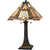 QUOIZEL Tiffany tafellamp Inglenook, brons / oud-messing, Woon-/ Eetkamer, metaal, Tiffany, tafellamp