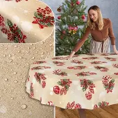 ANRO Tafelkleed Kerstballen Beige Ovaal 260x140cm Rechte rand Afwasbaar Waterafstotend