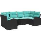 vidaXL Tuinset met 6 zitplaatsen, zwart en turquoise, van polyrotan