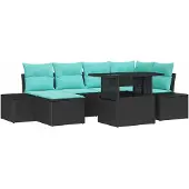 vidaXL Tuinset met 7 zitplaatsen, zwart en turquoise, van polyrotan