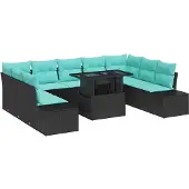 vidaXL Tuinset met 10 stuks, zwart en blauw, van polyrotan