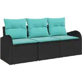 vidaXL Tuinbank Set 3 st Zwart en turkoois Poly rattan