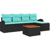 vidaXL Tuinset met 6 zitplaatsen, zwart en turquoise, van polyrotan