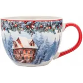 Altomdesign Porseleinen Mok Holly Night - Winterhuisje, 400ml