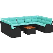 vidaXL Tuinset met 10 stukken, zwart en turquoise, van polyrotan