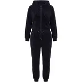 Ulla Popken - Dames - Homewear overall pluche stippen capuchon lange mouwen - Zwart - Maat 42+