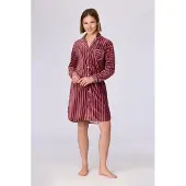 Woody slaapkleed dames doorknoop velours - bordeaux/roze gestreept - 262-15-TDA-V/979 - maat S