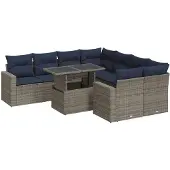 vidaXL 9-delige tuinmeubelset met kussens, grijs, polyrotan, acaciahout