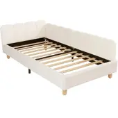 MODFU beklede kinderbed 90x200 met veiligheidsreling en zijvak, kinderbed met beklede kop- en voeteneinde en poten van massief hout, zonder matras, beige