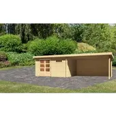 Karibu Houten blokkenhuis Bastrup 8, in natuurlijke staat, in een set met een aanbouwdak, 4 meter breed, 28 mm dikke achterwand