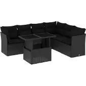 vidaXL 7-delige Loungeset met kussens poly rattan zwart
