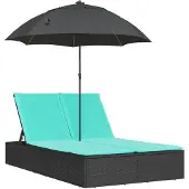 vidaXL Dubbele ligbed met kussen en parasol, zwart, polyrotan