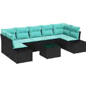 vidaXL Tuinset met 8 zitplaatsen, zwart en turquoise, van polyrotan