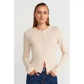 Dilvin Geribde Ronde Hals Knopen Cardigan