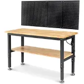 Selius Verstelbare werkbank met rubberhouten blad, metalen pegboard en opbergruimte