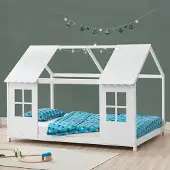 Selius Kinderbed Huisbed 120x200 cm Massief Grenenhout Mintgroen Wit Semi-Open met Lattenbodem