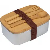 Upominkarnia RVS Lunchbox met Bamboe Deksel en Bestek - Grijs/Beige
