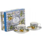 Marco polo 2x Porseleinen Espressokopjes met Schoteltjes, 90 ml, Citroenmotief
