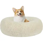 HMTOPE Rond hondenbed met pluche oppervlak, wasbaar, diameter 70 cm, beige