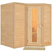 Karibu Sauna Binnenkabine Sahib: Binnen sauna met 3 houten zitbanken in een natuurlijke uitvoering. Wanddikte: 40 mm. Infrarood sauna