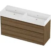 Proline Zara Badmeubel In Kader 140x46cm - 2 Laden Asymmetrisch - Greeploos - Wastafel Dubbel Glans Wit - Zonder Kraangat - Caramel Walnut