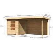 Karibu Houten blokkenhuis Bastrup, in natuurlijke staat, in een set met een aanbouwdak, 3 meter breed, 28 mm dikke achterwand
