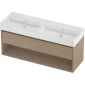 Proline Zara Badmeubel 140x46cm - 1 Lade Met Schap - Greeploos - Wastafel Dubbel Glans Wit - Zonder Kraangat - Ideal Oak - Badkamermeubels, Badmeubel