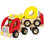 Goki Houten voertuig: OPLEGGER met BULLDOZER 34x8,5x12,5cm, met rubberen banden, 2+
