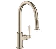 Axor Montreux keukenkraan met hoge draaibare ronde uitloop met uittrekbare handdouche RVS look