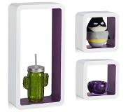 Relaxdays wandbox kubus - set van 3 - wandkubus - hout - kubus - MDF - zwevend - Wit-Violet