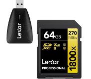 Lexar SDXC Prof UHS-II 1800X 64GB + Gratis geheugenkaartlezer
