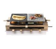 Bestron Gourmetstel, XL Raclette Grill set voor 8 personen, met natuurlijke grillsteen & antiaanbak grillplaat, incl. grote pannen set, 1500 Watt, kleur: zwart/ hout