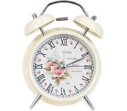 Clayre & Eef Wekker Analoog Ø 12*15 Cm Beige Metaal, Glas Rond Wekker Analoge Wekker Mechanische Wekker Beige Analoge