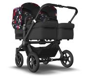 Bugaboo Donkey 5 Twin bassinet and seat stroller black base, midnight black fabrics, animal explorer red/blue sun canopy
