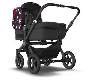 Bugaboo Donkey 5 Mono bassinet and seat stroller black base, midnight black fabrics, animal explorer red/ blue sun canopy