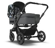 Bugaboo Donkey 5 Mono bassinet and seat stroller black base, grey mélange fabrics, animal explorer green/ light blue sun canopy